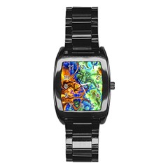 Abstract Fractal Batik Art Green Blue Brown Stainless Steel Barrel Watch by EDDArt