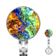 Abstract Fractal Batik Art Green Blue Brown Stainless Steel Nurses Watch by EDDArt