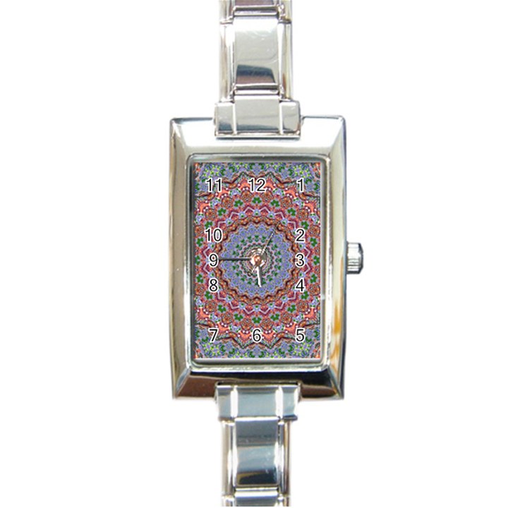 Abstract Painting Mandala Salmon Blue Green Rectangle Italian Charm Watch