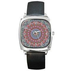 Abstract Painting Mandala Salmon Blue Green Square Metal Watch by EDDArt