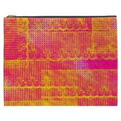 Yello And Magenta Lace Texture Cosmetic Bag (xxxl)  by DanaeStudio