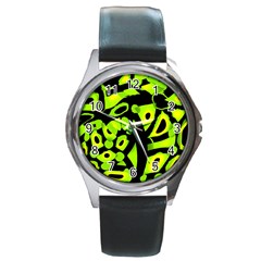 Green Neon Abstraction Round Metal Watch by Valentinaart