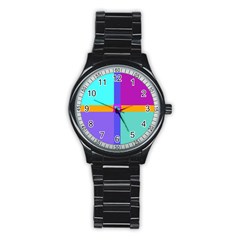 Right Angle Squares Stripes Cross Colored Stainless Steel Round Watch by EDDArt