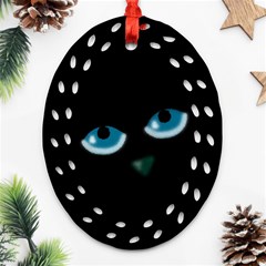 Halloween - Black Cat - Blue Eyes Oval Filigree Ornament (2-side)  by Valentinaart