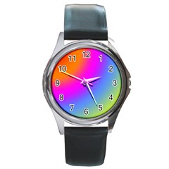 Radial Gradients Red Orange Pink Blue Green Round Metal Watch by EDDArt