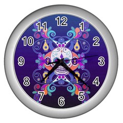 Día De Los Muertos Skull Ornaments Multicolored Wall Clocks (silver)  by EDDArt