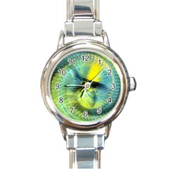 Light Blue Yellow Abstract Fractal Round Italian Charm Watch by designworld65