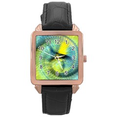 Light Blue Yellow Abstract Fractal Rose Gold Leather Watch  by designworld65