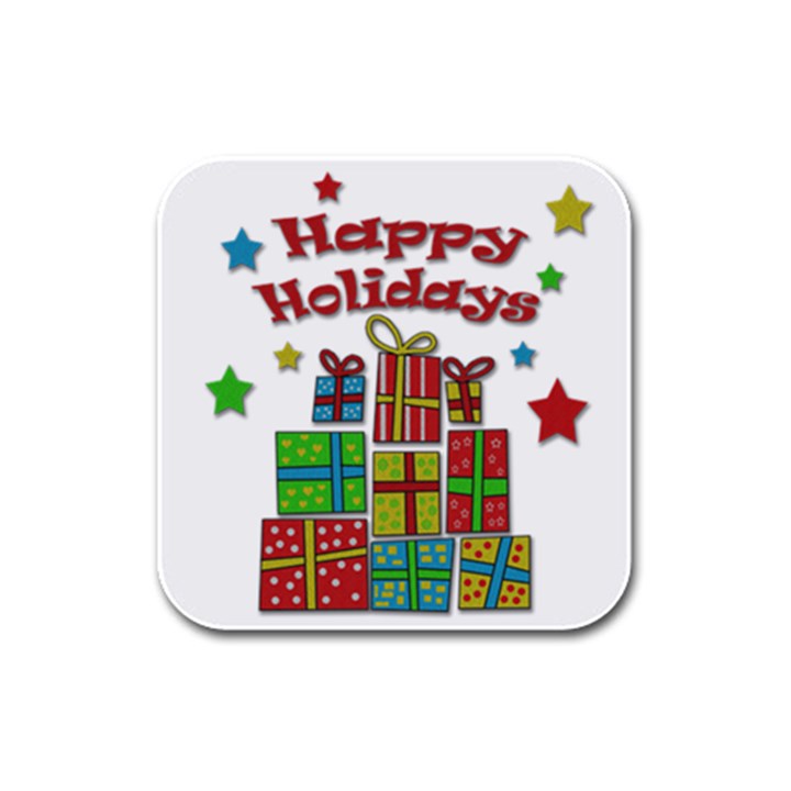 Happy Holidays - gifts and stars Rubber Square Coaster (4 pack) 