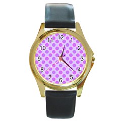 Pastel Pink Mod Circles Round Gold Metal Watch by BrightVibesDesign