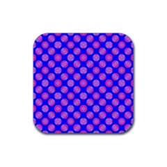 Bright Mod Pink Circles On Blue Rubber Coaster (square)  by BrightVibesDesign