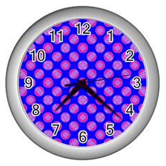 Bright Mod Pink Circles On Blue Wall Clocks (silver)  by BrightVibesDesign