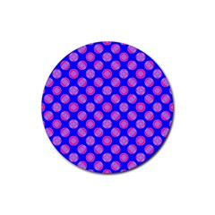 Bright Mod Pink Circles On Blue Rubber Round Coaster (4 Pack)  by BrightVibesDesign