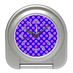 Bright Mod Pink Circles On Blue Travel Alarm Clocks by BrightVibesDesign