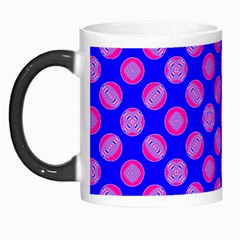 Bright Mod Pink Circles On Blue Morph Mugs by BrightVibesDesign