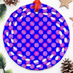 Bright Mod Pink Circles On Blue Round Filigree Ornament (2side) by BrightVibesDesign