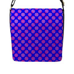 Bright Mod Pink Circles On Blue Flap Messenger Bag (l)  by BrightVibesDesign