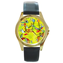 Happy Day - Yellow Round Gold Metal Watch by Valentinaart