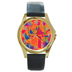 Happy Day - Orange Round Gold Metal Watch by Valentinaart