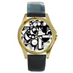 Happy Day - Black And White Round Gold Metal Watch by Valentinaart