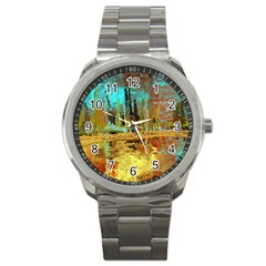 Autumn Landscape Impressionistic Design Sport Metal Watch by digitaldivadesigns