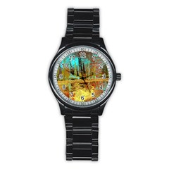 Autumn Landscape Impressionistic Design Stainless Steel Round Watch by digitaldivadesigns