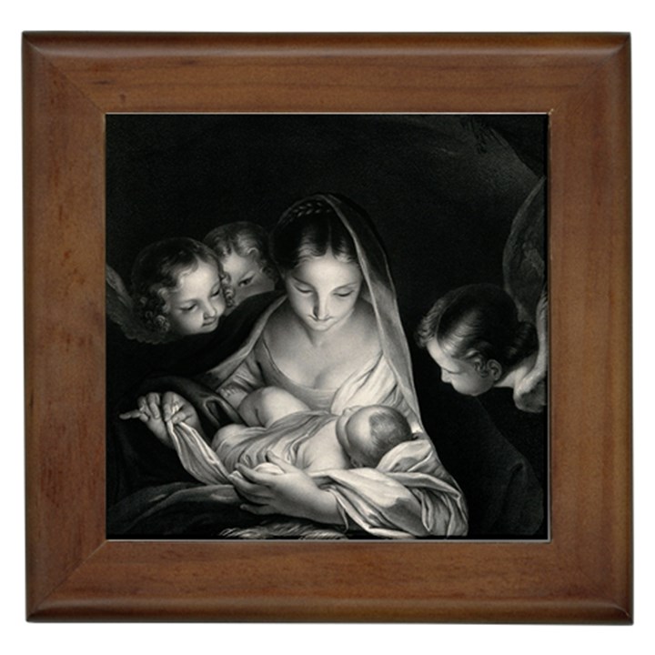 Nativity Scene Birth Of Jesus With Virgin Mary And Angels Black And White Litograph Framed Tiles