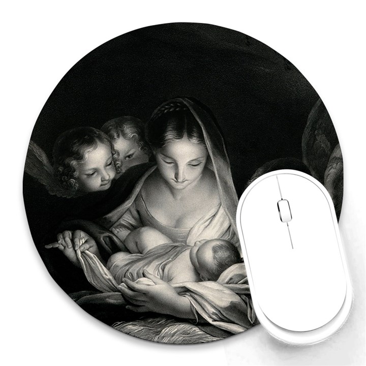 Nativity Scene Birth Of Jesus With Virgin Mary And Angels Black And White Litograph Round Mousepads