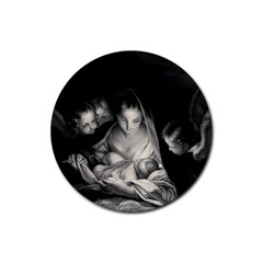 Nativity Scene Birth Of Jesus With Virgin Mary And Angels Black And White Litograph Rubber Round Coaster (4 Pack)  by yoursparklingshop