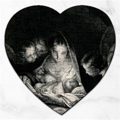 Nativity Scene Birth Of Jesus With Virgin Mary And Angels Black And White Litograph Jigsaw Puzzle (heart) by yoursparklingshop