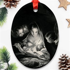 Nativity Scene Birth Of Jesus With Virgin Mary And Angels Black And White Litograph Oval Ornament (two Sides) by yoursparklingshop