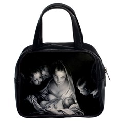 Nativity Scene Birth Of Jesus With Virgin Mary And Angels Black And White Litograph Classic Handbags (2 Sides) by yoursparklingshop