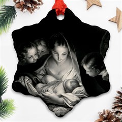 Nativity Scene Birth Of Jesus With Virgin Mary And Angels Black And White Litograph Snowflake Ornament (2-side) by yoursparklingshop