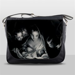 Nativity Scene Birth Of Jesus With Virgin Mary And Angels Black And White Litograph Messenger Bags by yoursparklingshop