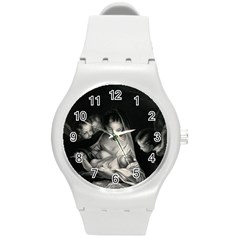 Nativity Scene Birth Of Jesus With Virgin Mary And Angels Black And White Litograph Round Plastic Sport Watch (m) by yoursparklingshop