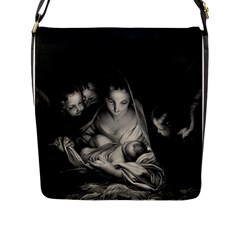 Nativity Scene Birth Of Jesus With Virgin Mary And Angels Black And White Litograph Flap Messenger Bag (l)  by yoursparklingshop