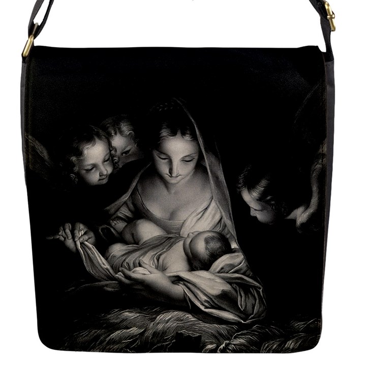 Nativity Scene Birth Of Jesus With Virgin Mary And Angels Black And White Litograph Flap Messenger Bag (S)