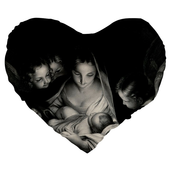 Nativity Scene Birth Of Jesus With Virgin Mary And Angels Black And White Litograph Large 19  Premium Flano Heart Shape Cushions