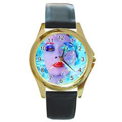 Swimming Into The Blue Round Gold Metal Watch by icarusismartdesigns