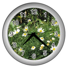 White Daisy Flowers Wall Clocks (silver)  by picsaspassion