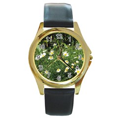 White Daisy Flowers Round Gold Metal Watch by picsaspassion