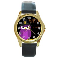 Who Is A Witch? - Purple Round Gold Metal Watch by Valentinaart