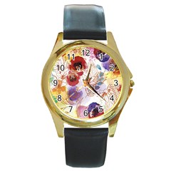 Watercolor Spring Flowers Background Round Gold Metal Watch