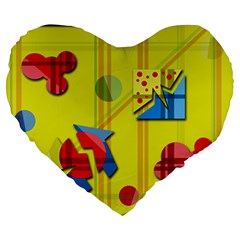 Playful Day - Yellow  Large 19  Premium Flano Heart Shape Cushions by Valentinaart