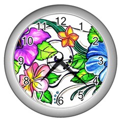 Tropical Hibiscus Flowers Wall Clocks (silver)  by EverIris