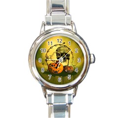 Halloween, Funny Pumpkins And Skull With Spider Round Italian Charm Watch