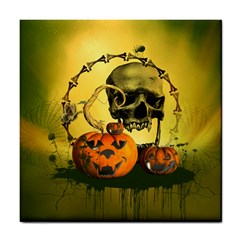 Halloween, Funny Pumpkins And Skull With Spider Tile Coasters