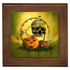 Halloween, Funny Pumpkins And Skull With Spider Framed Tiles