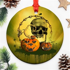 Halloween, Funny Pumpkins And Skull With Spider Ornament (round)  by FantasyWorld7