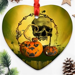 Halloween, Funny Pumpkins And Skull With Spider Ornament (heart) 